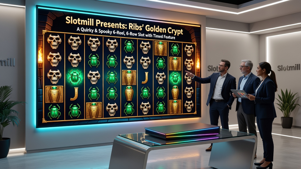 Detailed view of Ribs’ Golden Crypt 6-reel, 6-row slot grid with Halloween-themed symbols and regal skeleton character